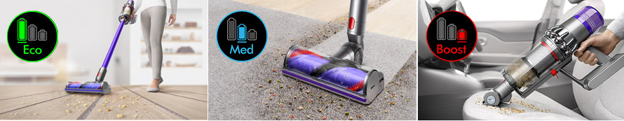 Dyson V11 Extra - Vyberte si z troch sacích režimov